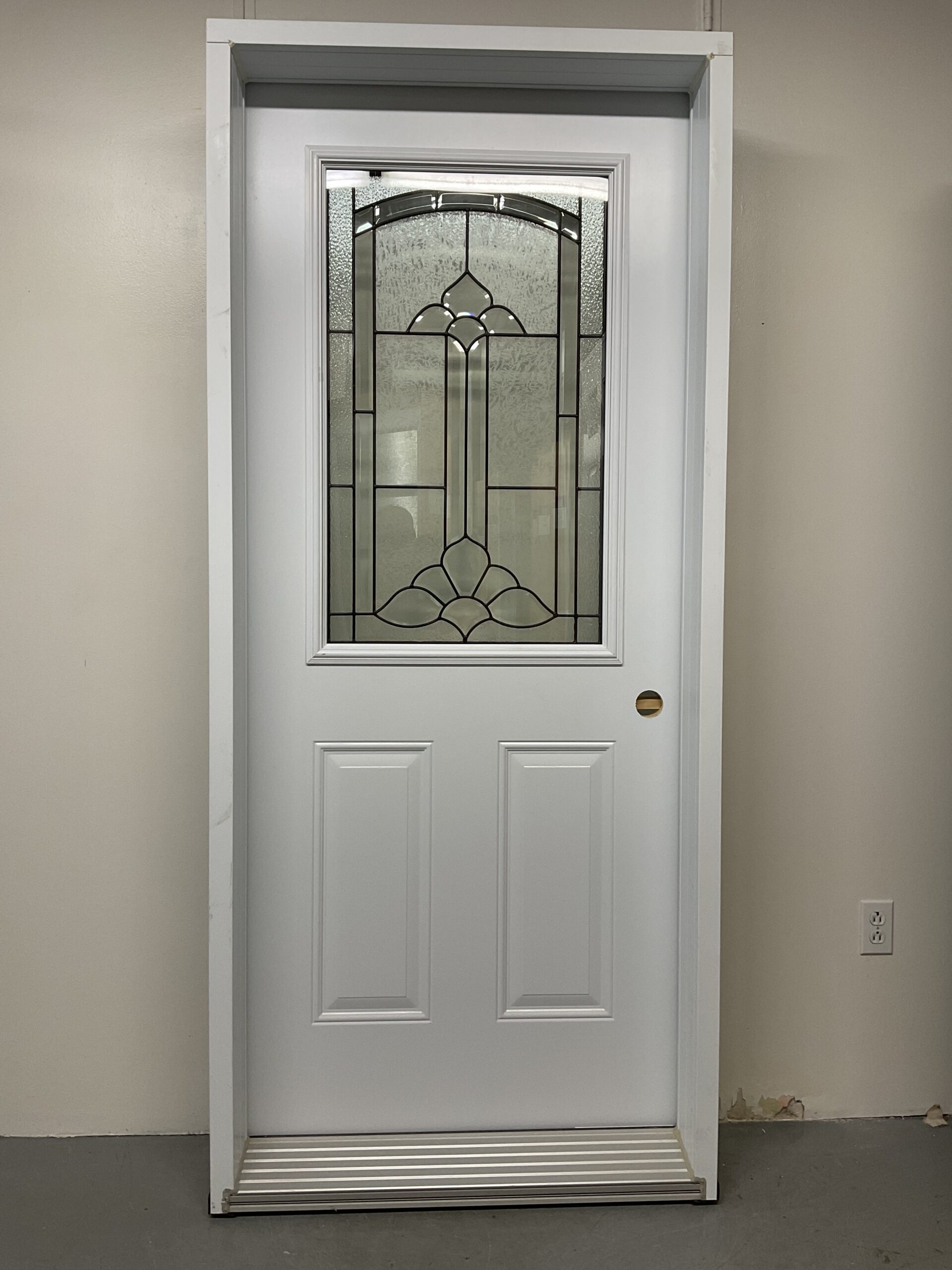 1372PA Porte d'acier 34"G Blanche Vitrail cathédrale patiné 23x37